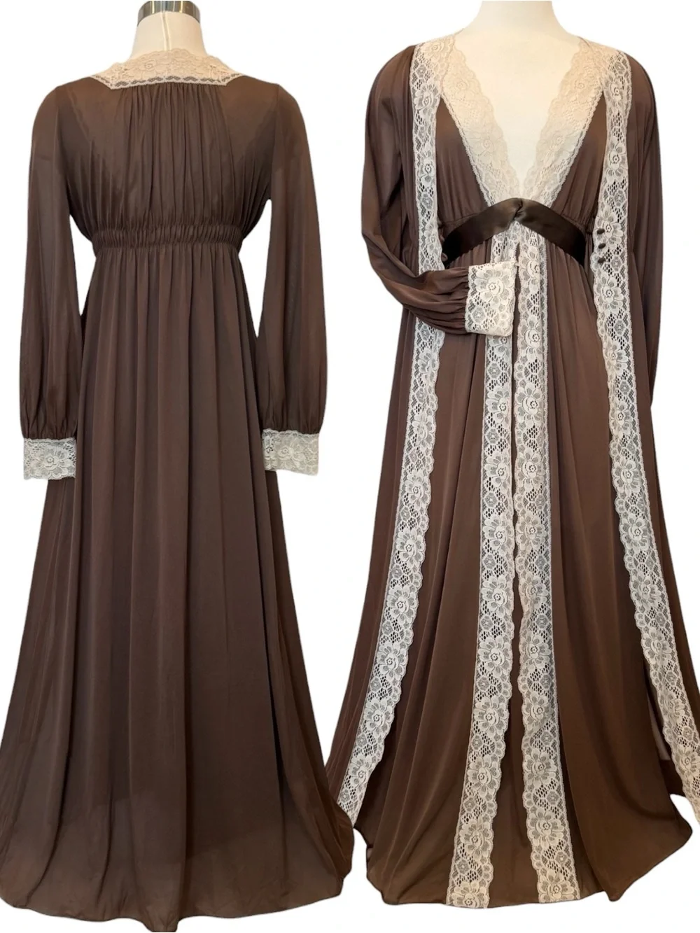 🌺SOLD🌺 Artemis Gossard Brown Silky Satin Lace 60s Empire Maxi Gown Robe 2pc Set - Picture 12 of 13